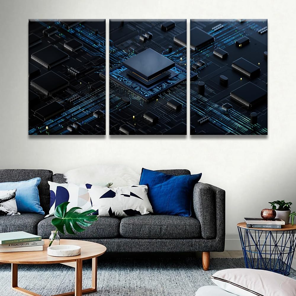 Digital Chip Pictures for Bedroom Wall Decor CPU Concept Prints Wall Art Canvas Artwork Wall Decor Multi Panel Wall Art Home Decor Wall Art Canvas Framed Wall Hanging Decor Ready to Hang 16X24X3 INCH