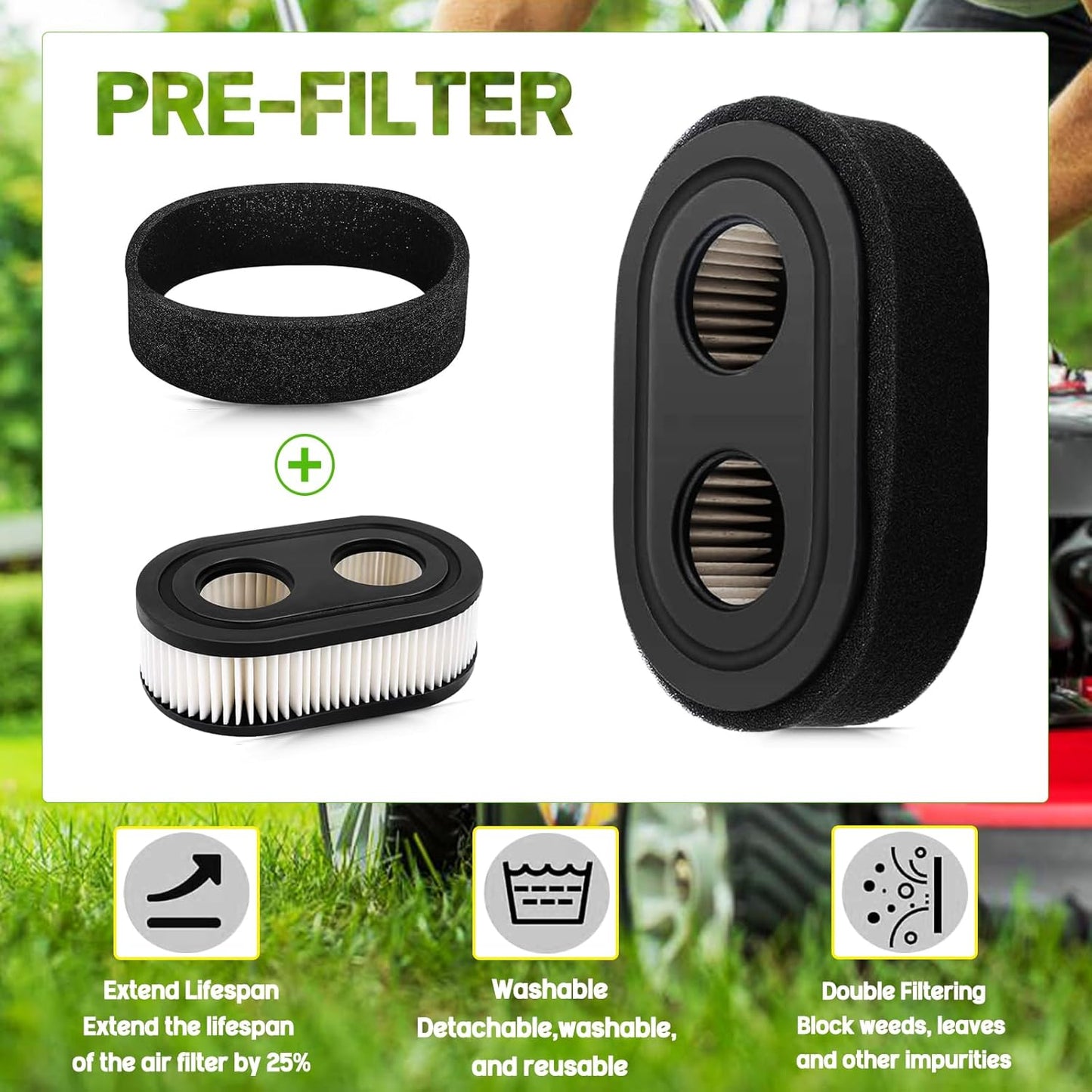 Rakiyada Air Filter Set - 2 PCS with Pre-Filter & Spark Plug for 500EX, 550EX, 575EX, 625EX, 725EXI Engines | Toro Recycler 22 & Troy Bilt Mower