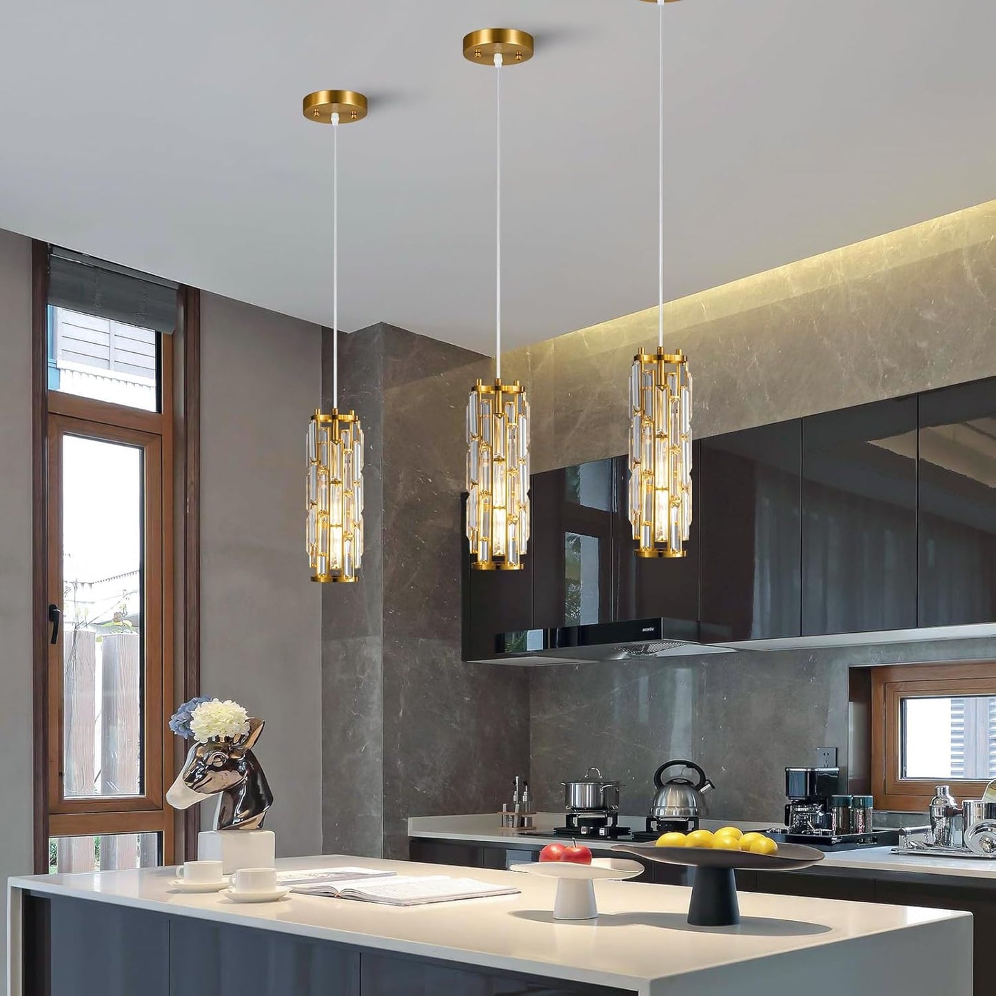 Pendant Lights Modern Pendant Lights Kitchen Island Gold Pendant Light Fixture Mini Crystal Chandelier Lighting for Kitchen Island Dinning Room Bedroom Sink (Gold 3-Light)