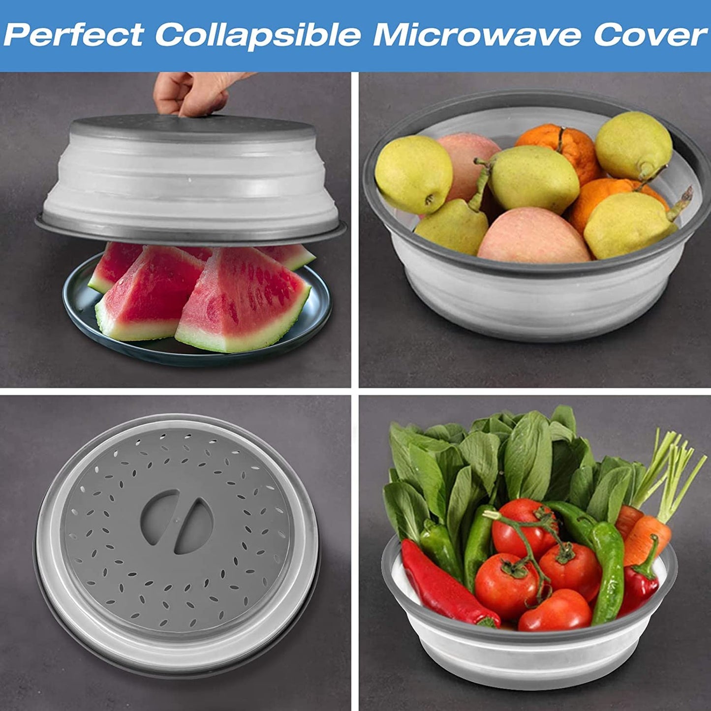 10.5" Microwave Splatter Cover for Food with 10" Mat, Collapsible & Vented Silicone Splatter Guard Lid with Handle Kitchen Gadget, Grey