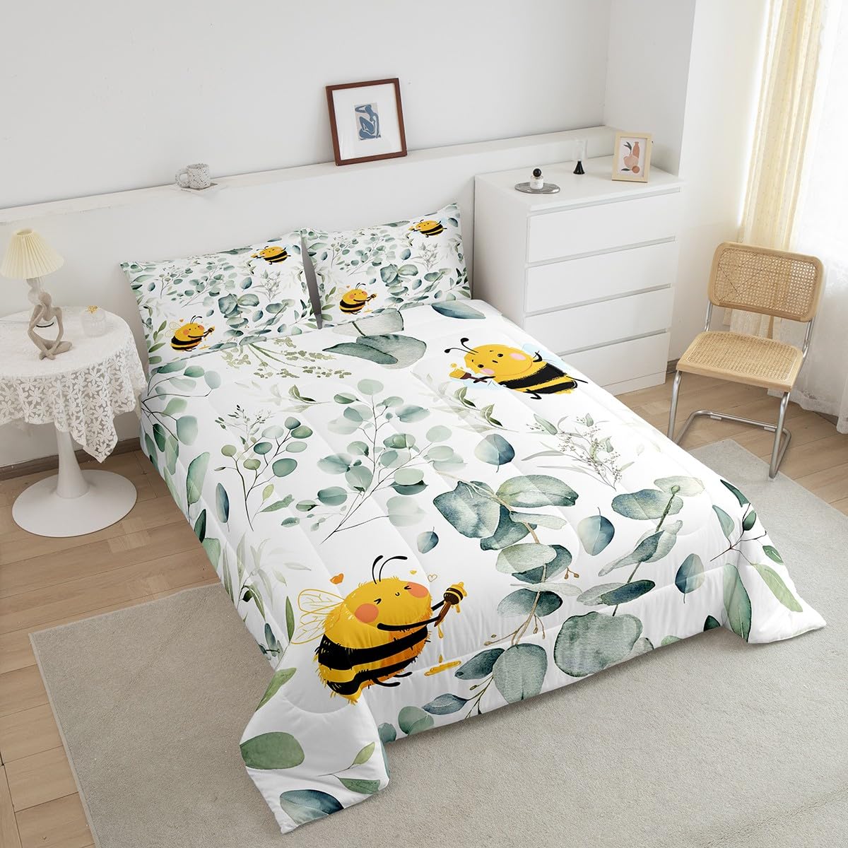 Erosebridal Boys Cartoon Wildlife Twin Size Comforter Set for Kids Toddler Kawaii Bee Bedding Set, Honey Bee Down Comforter Wild Animal Bed Set, Botanical Green Eucalyptus Quilted Duvet