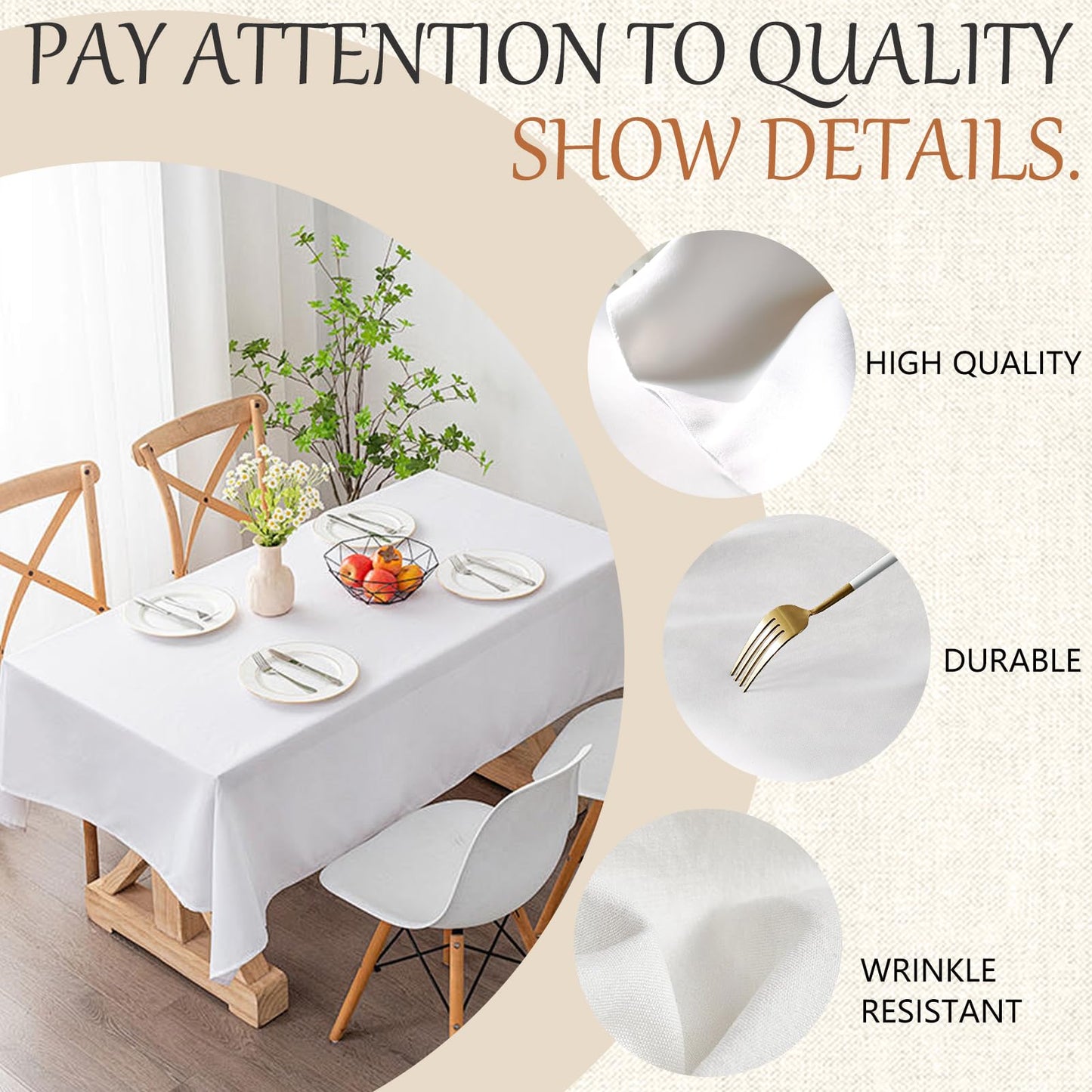 Winwingo 70x120 Table Cloth - 6 Pack Rectangular White Washable Stain and Wrinkle Resistant Polyester Table Cover for Dining Tables, Various Parties and Camping (White)