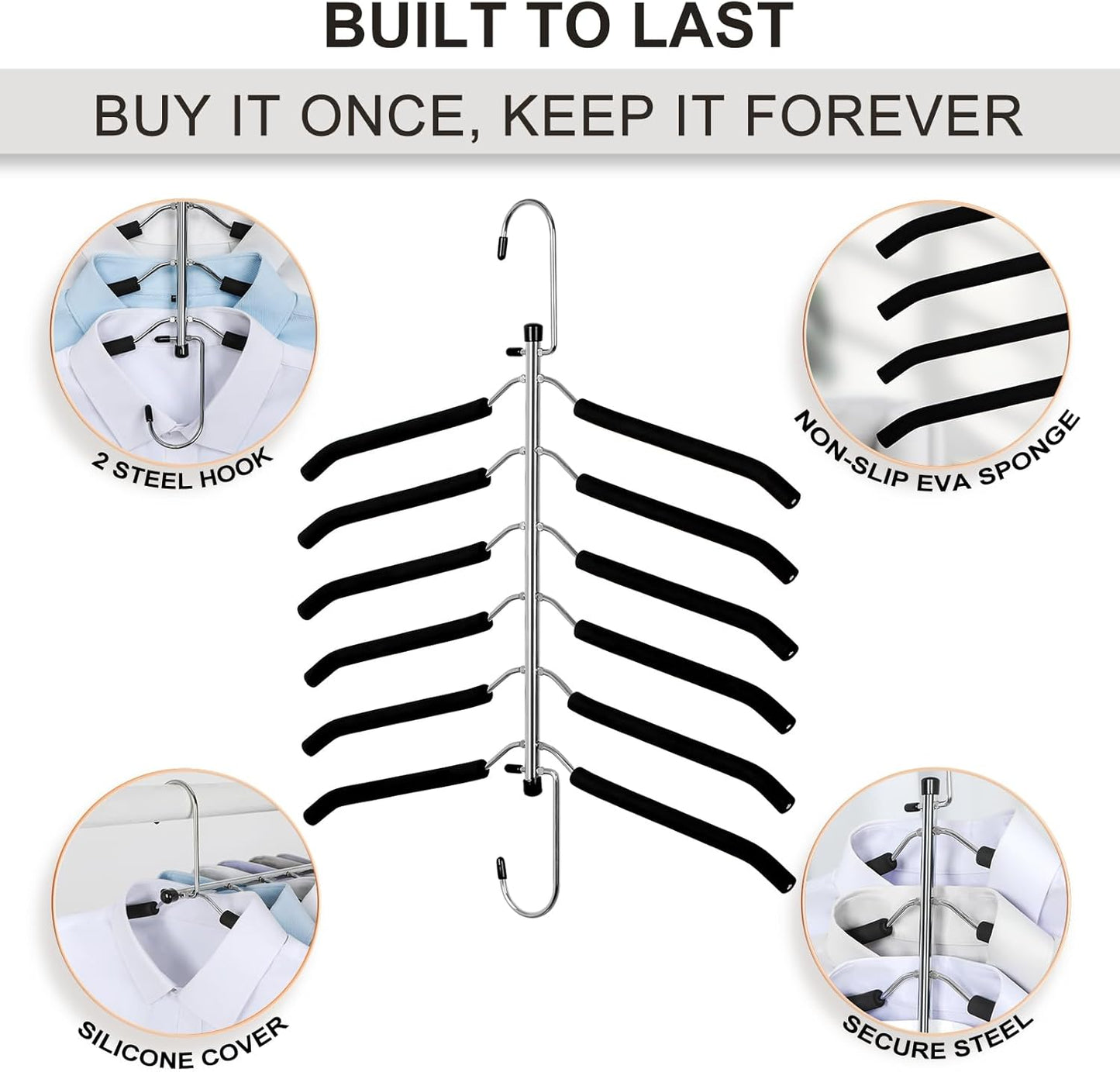 TOPIA HANGER Space-Saving Clothes Hangers - 6-Tier No-Slip Foam Padded Design | Closet Organizer for Men & Women (2 Pack)