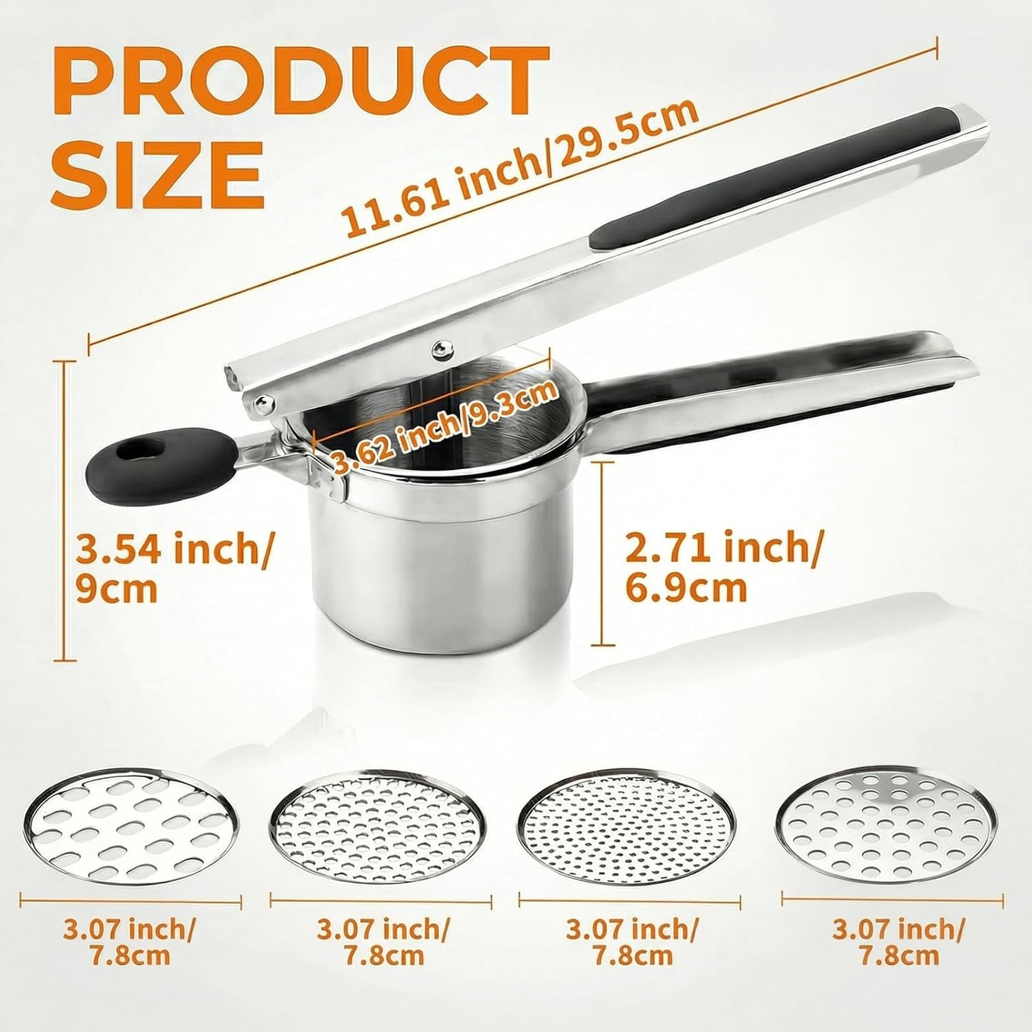 Skiennix 15oz Potato Ricer - Heavy Duty Stainless Steel with 4 Interchangeable Discs & Ergonomic Handle