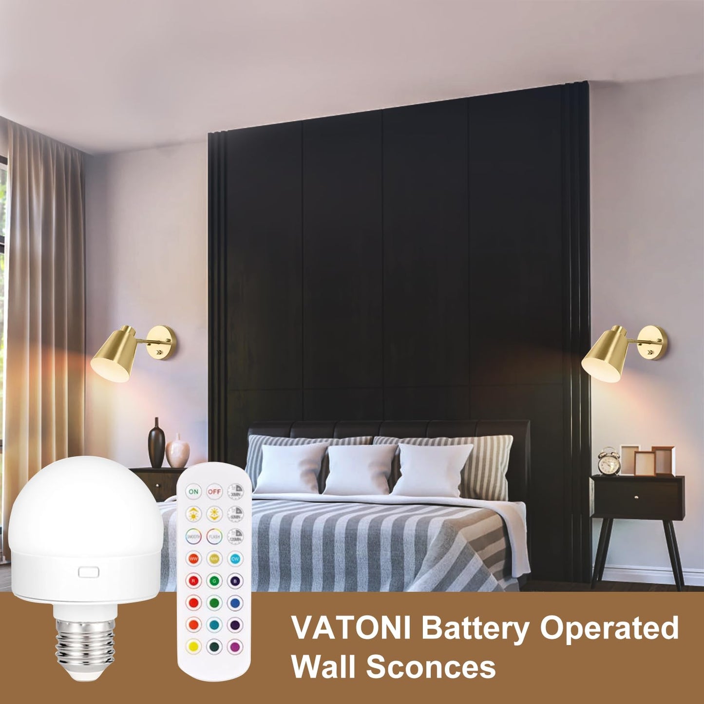 VATONI Battery Operated Wall Sconces Set of 2, Rechargeable Battery Operated Wall Lights Wireless Wall Sconce with Remote Control, Dimmable Wall Sconces Gold Wall Light for Bedroom Bedside LivingRoom