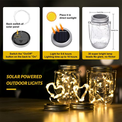 HXWEIYE 8 Pack Solar Mason Jar Lights Lanterns,Jars & Hangers Included，30LED Waterproof Hanging Outdoor Fairy Lights for Patio Garden Porch Yard Backyard Balcony Wedding(Warm White)