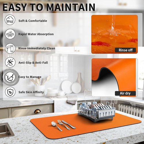 HotLive Dish Drying Mat - Super Absorbent Kitchen Drainer with Non-Slip Backing | 18"x28" Orange
