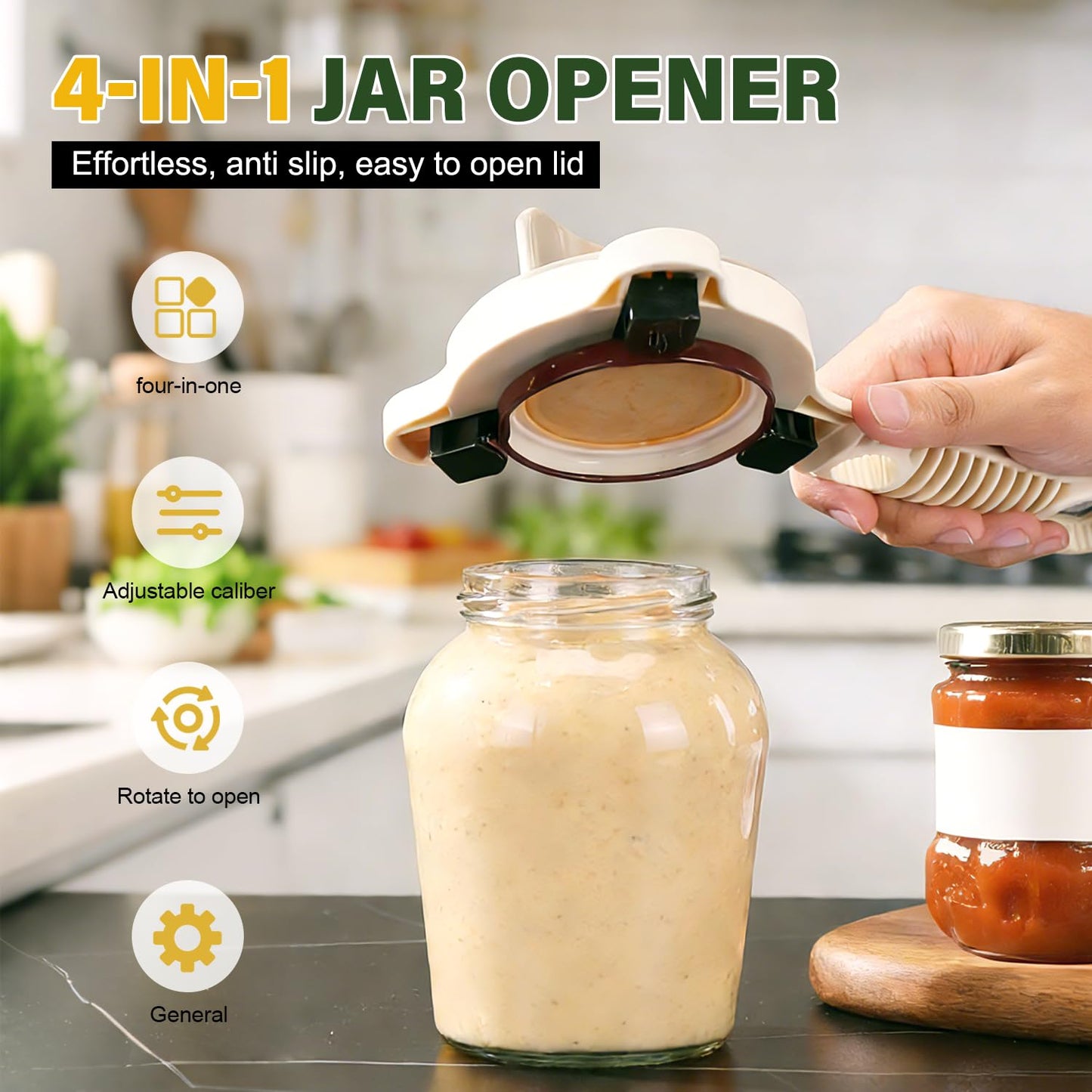 4 in 1 Multi-Purpose Jar Opener for Weak Hands, 2026 New Adjustable Three Claw Bottle Opener with Non Slip Teeth,Multi-Size Lid Opener for Kitchen Jars and Bottles (1PC)