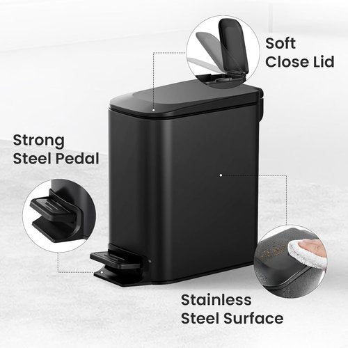 Cesun Small Bathroom Trash Can - Soft Close Lid & Step Pedal | 6L Stainless Steel, Anti-Fingerprint (Matt Black)
