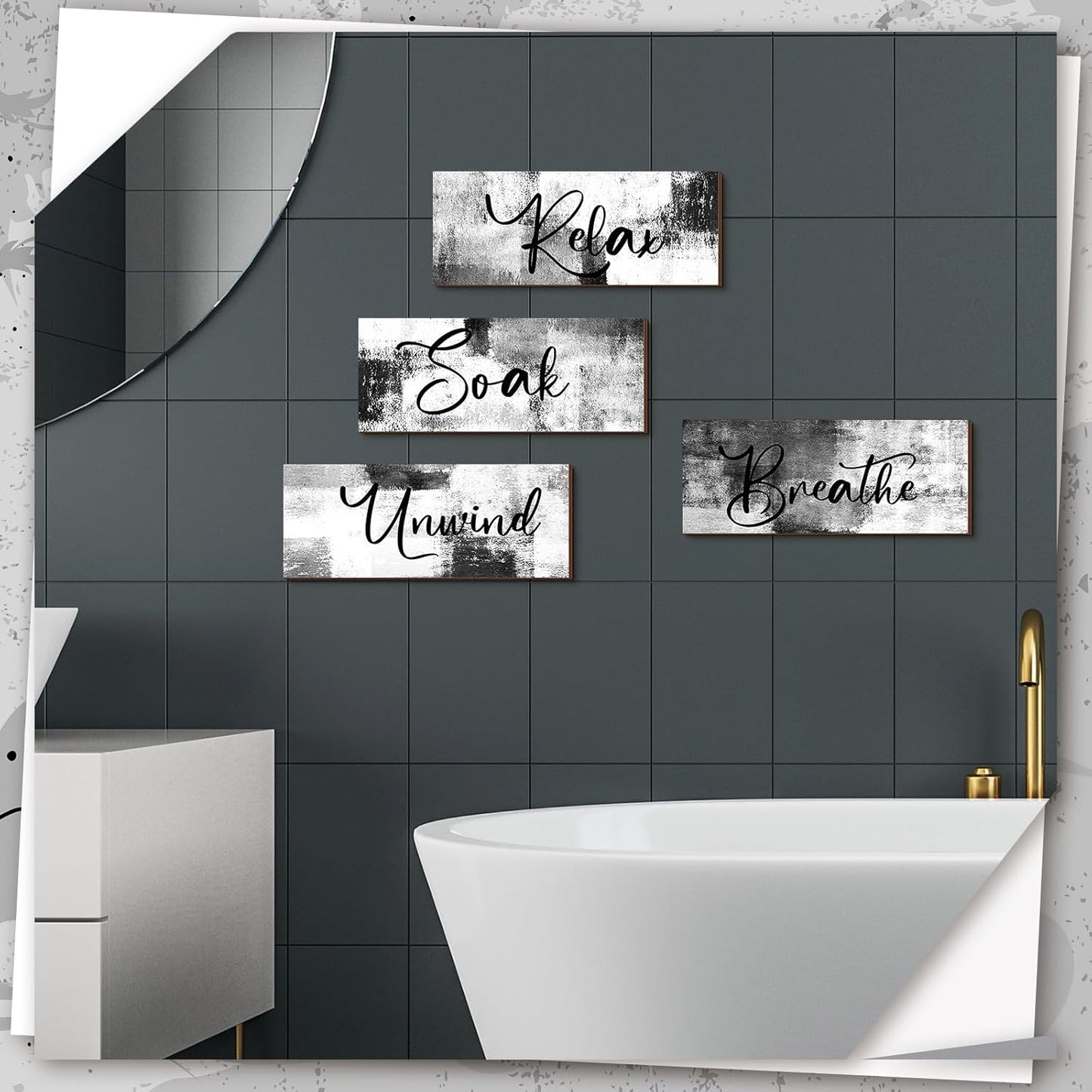 Maitys Bathroom Wall Art - 4 Pcs Rustic Wood Decor for Soak & Unwind | 10 x 4 Inch Black & White Signs