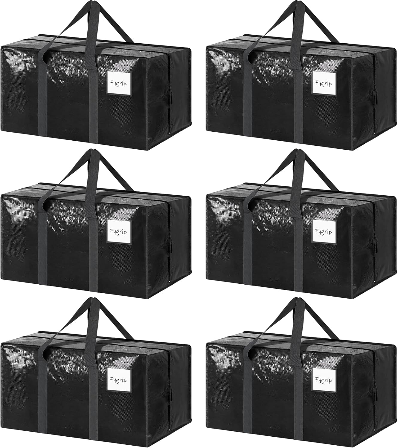 Regine Switzerland 6 Pack Extra Heavy Duty Moving Bags - Strong Zipper & Comfortable Handles, Durable Storage Totes in Black