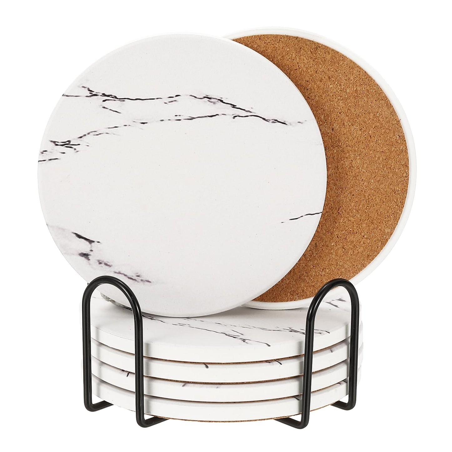 PATIKIL Ceramic Stone Coasters, 6pcs Cork Base Absorbent Cup Coasters Set Marble Coasters with Holder for Drinks in Kitchen Home, White