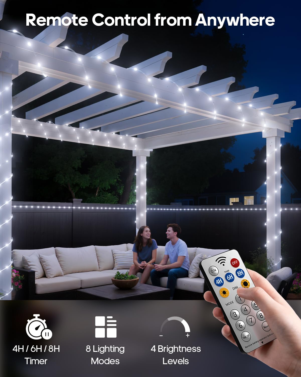 Rechargeable Rope Lights, 79FT 240LED Outdoor Waterproof String Lights with 1200mah Portable Rechargeable Battery, Timing & 8 Modes for Party Christmas Camping DIY Tree trampoline - Cool White 2 Pack