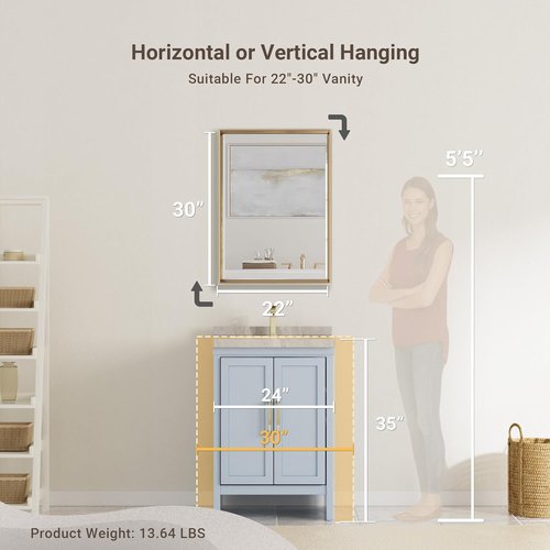 Brushed Gold Bathroom Mirror by [Brand Name] - 22x30 Beveled Edge Rectangle Vanity Mirror | Anti-Rust Frame