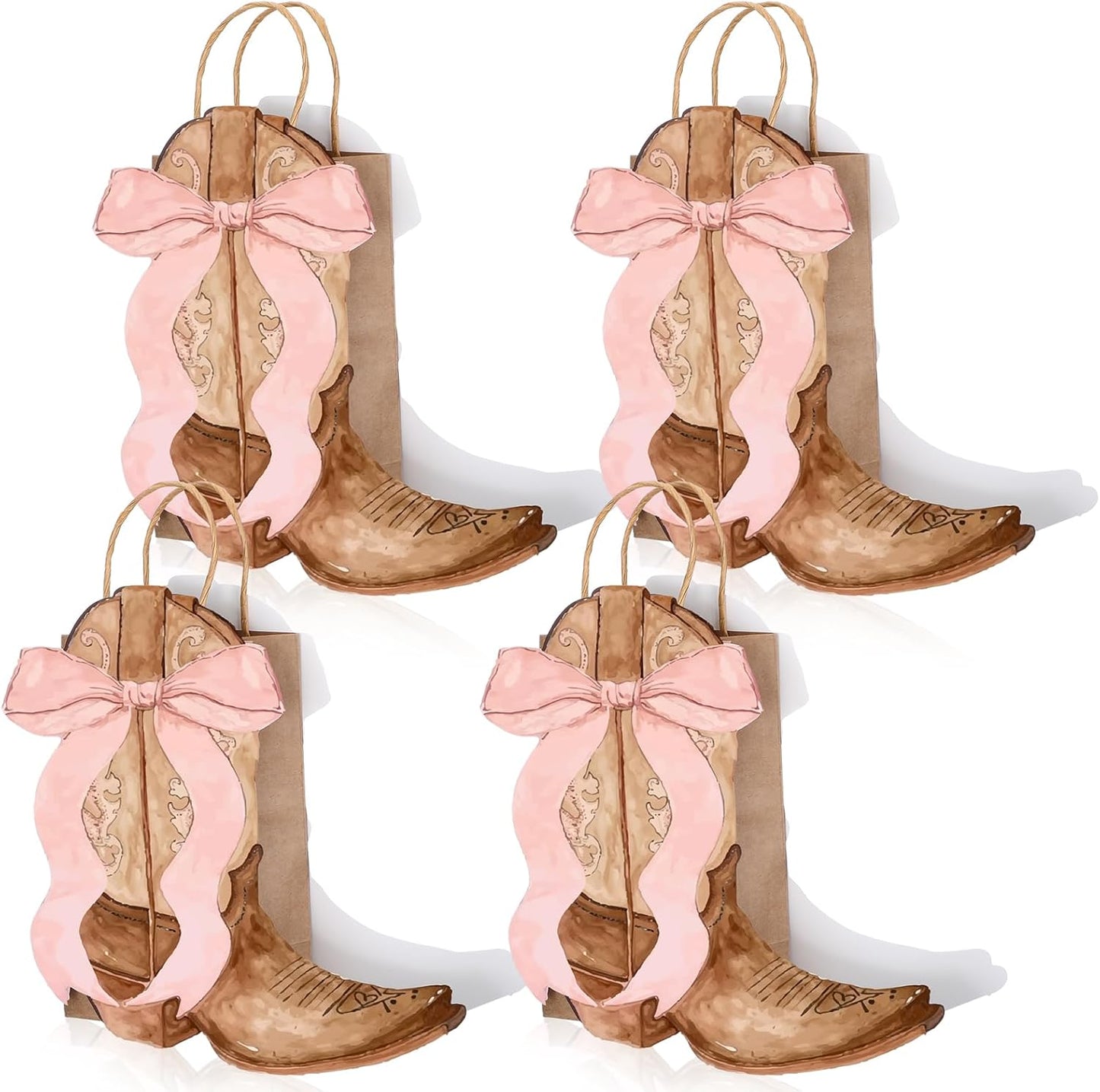 Sinload Western Gift Bags - Cowgirl Cowboy Boots Design with Pink Bow Handles | Brown Style, Perfect for Party Favors