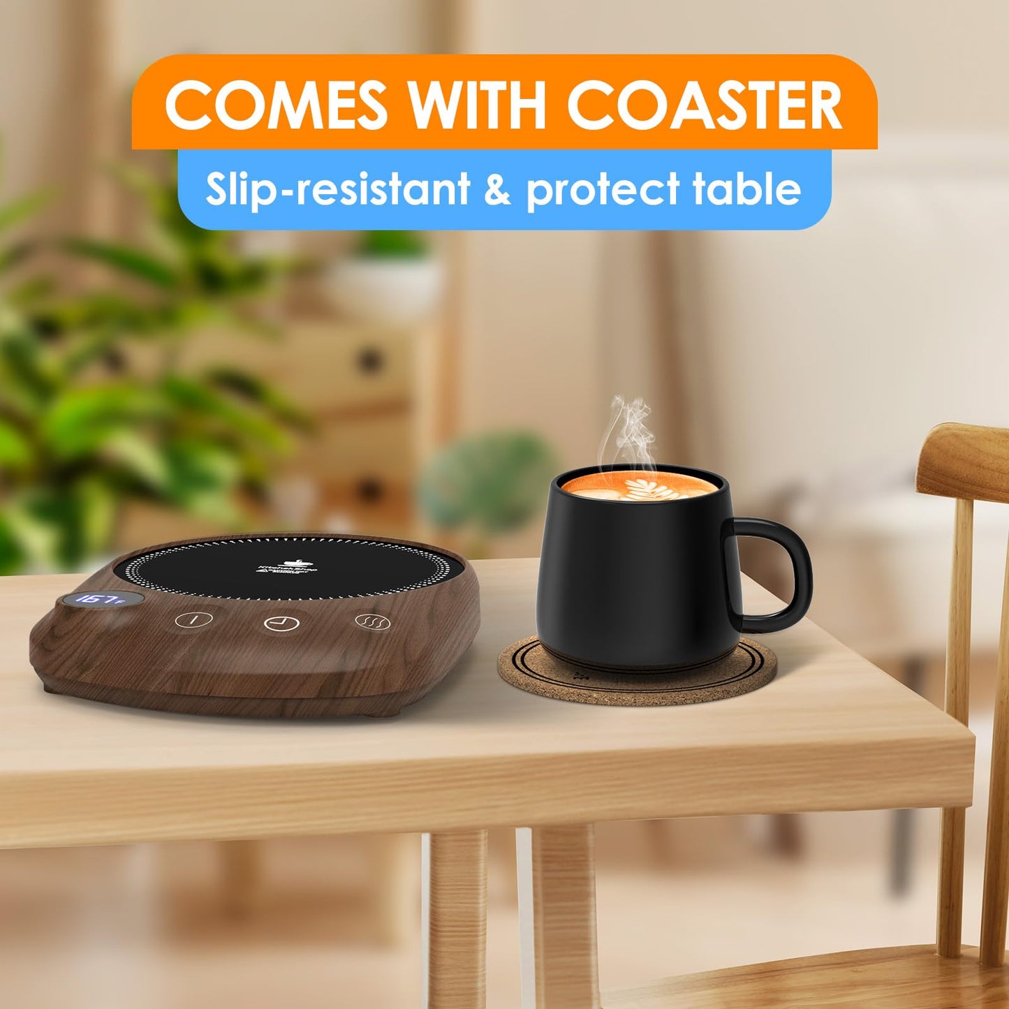 KitchekShop Coffee Mug Warmer - Fastest Heating & Highest Temperature, Coffee Cup Warmer for Desk Auto Shut Off, 4 Temp Settings & 1-12H Timer, Smart Electric Beverage Warmer for Coffee, Tea (Wood)