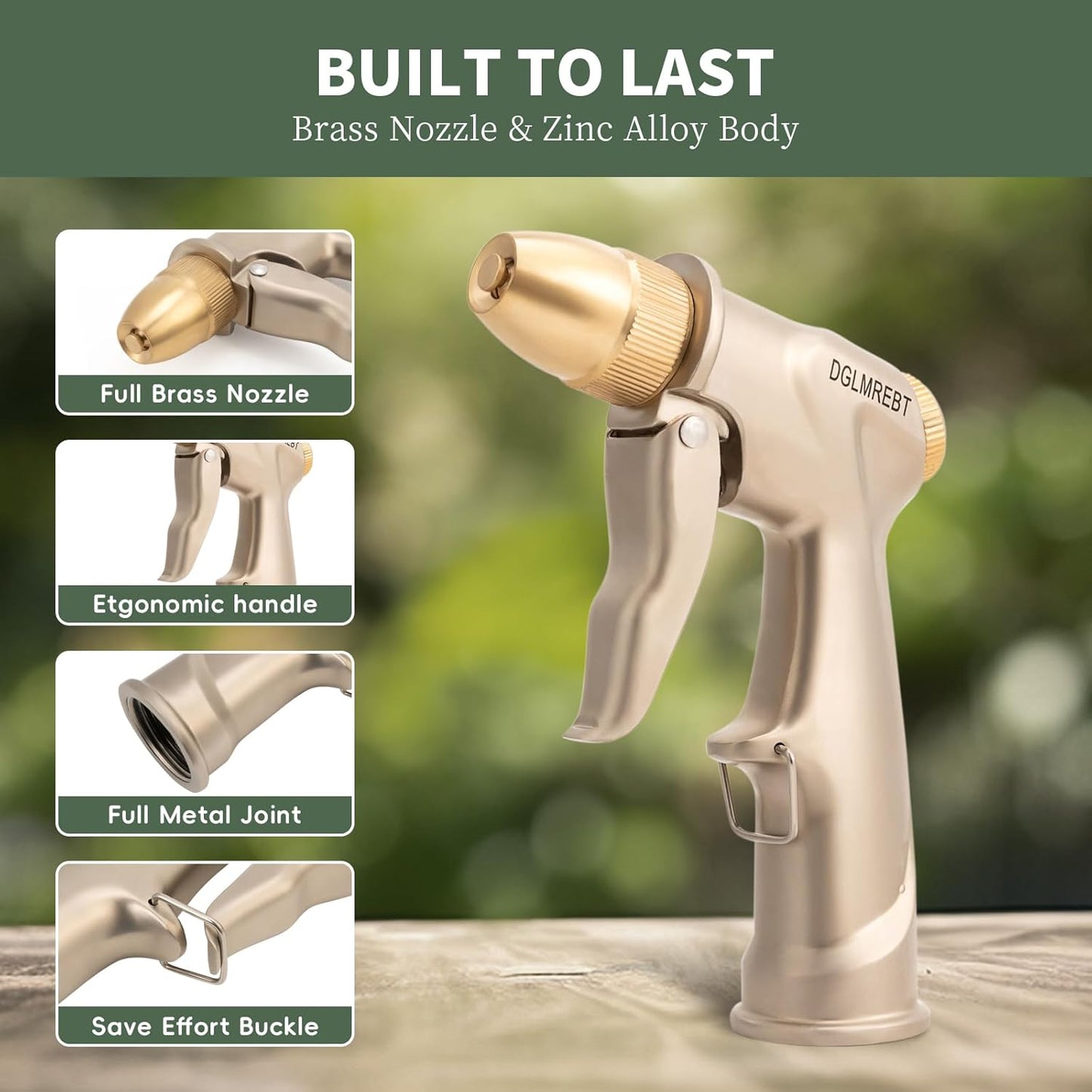 Metal Garden Hose Nozzle - Heavy Duty 4 Spray Patterns with 360° Rotation & Ergonomic Handle