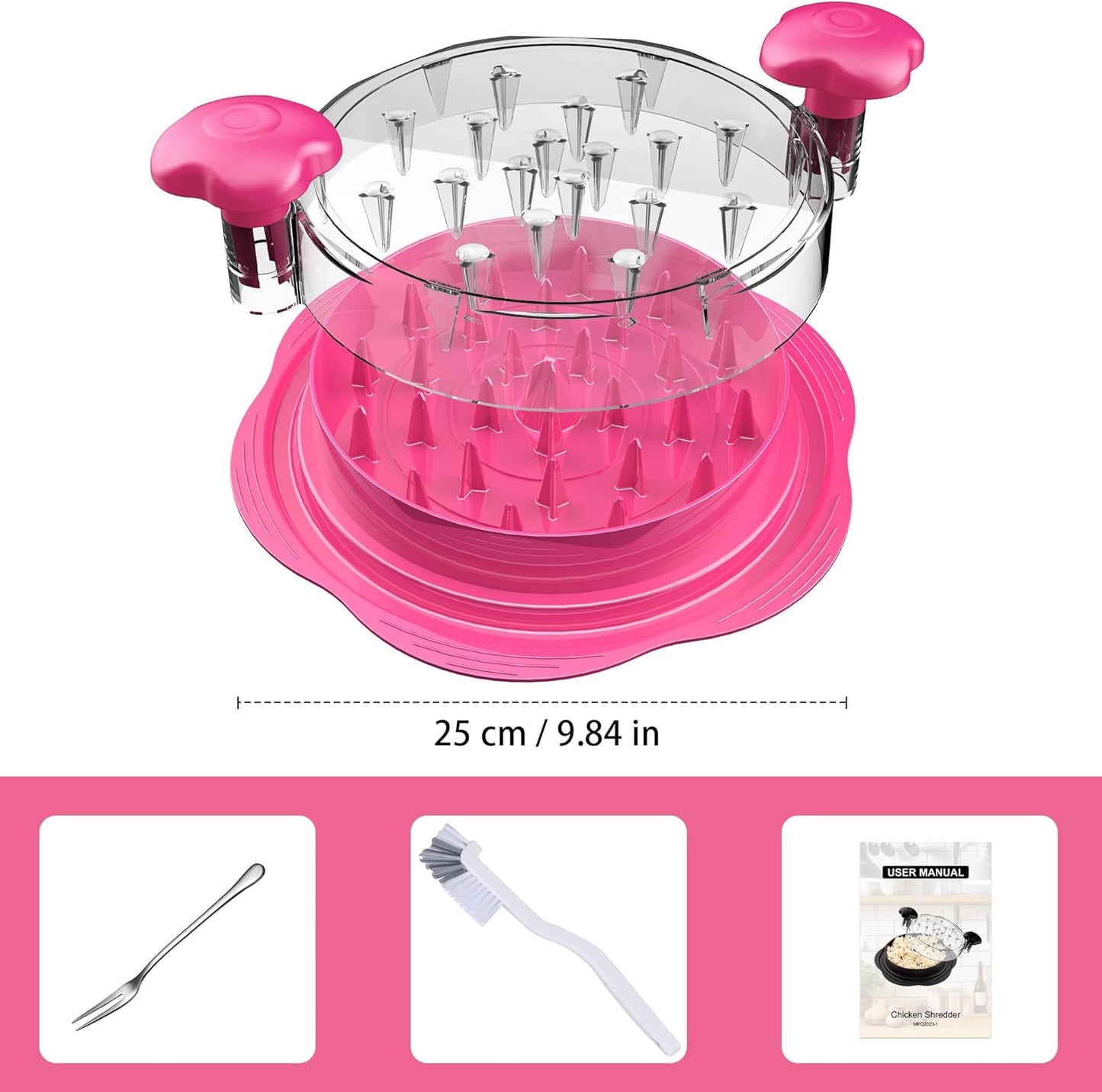 SURETIVIAN Chicken Shredder - Ergonomic Meat Shredder Tool with Brush & Fork | BPA-Free, Hot Pink