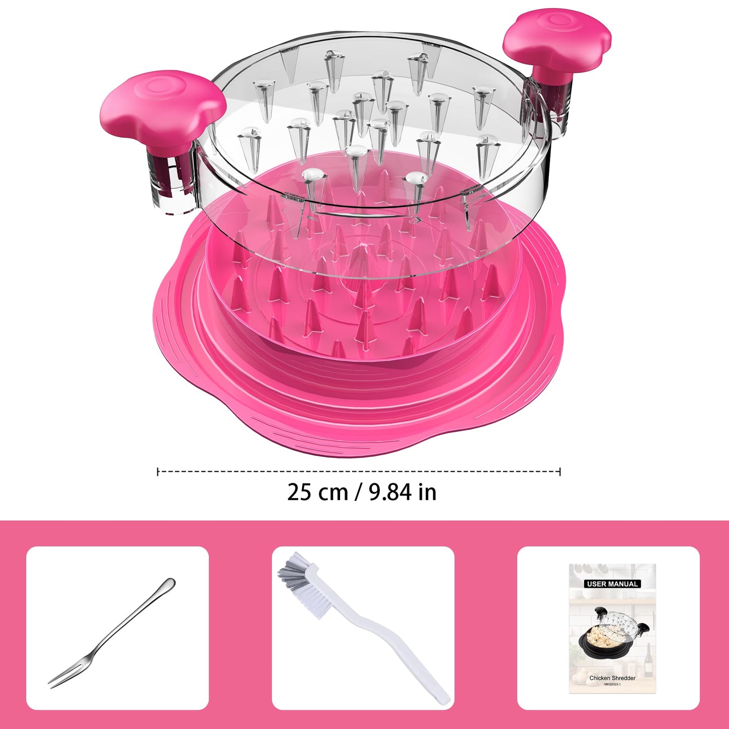 SURETIVIAN Chicken Shredder Large Chicken Breast Shredder Tool Twist with Brush&Fork, Visible Meat Shredder Machine, Anti-Slip Strip, Ergonomic Handle, BPA Free, Pork Beef Chicken(Hot Pink)