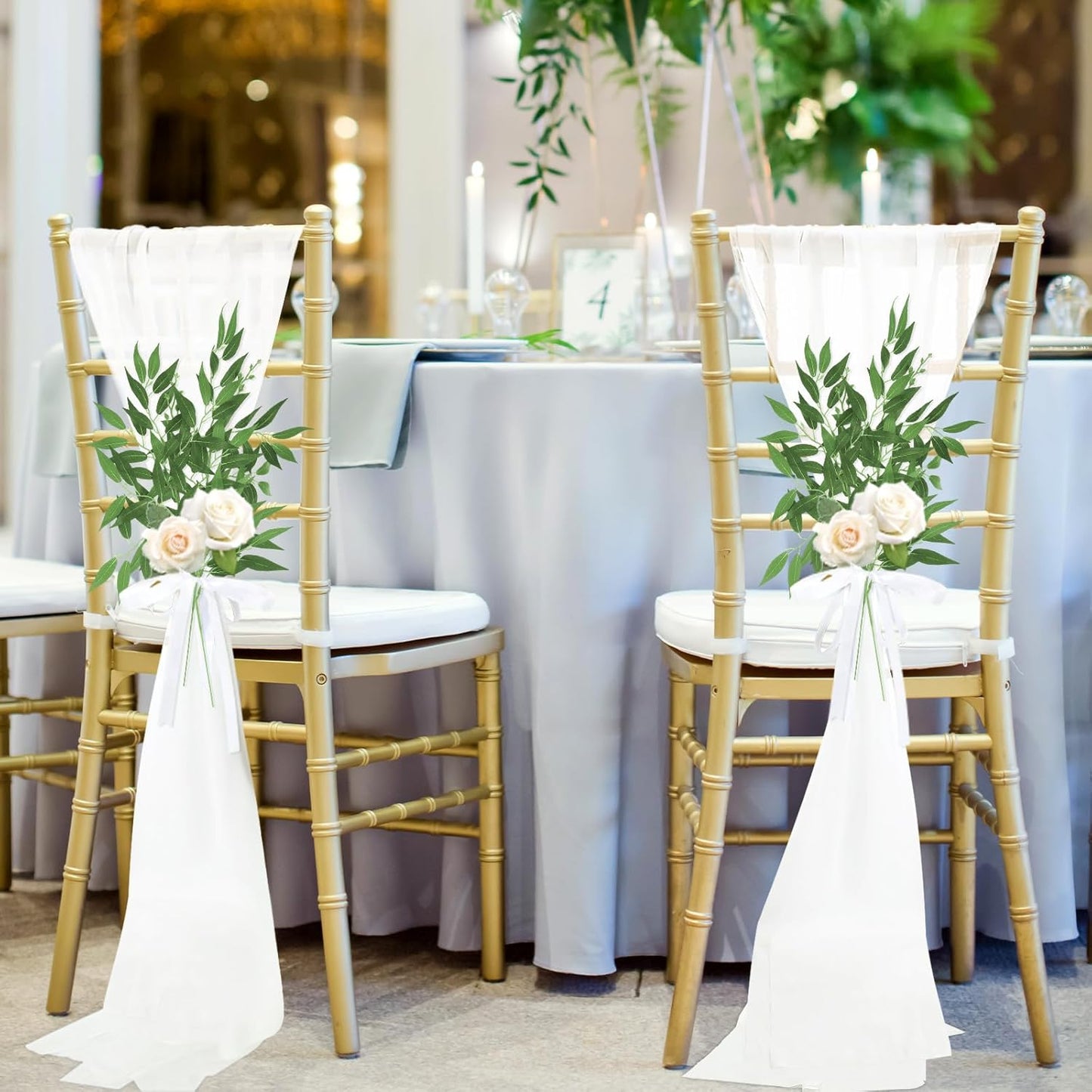 VitalCozy Wedding Aisle Chair Decorations - 12 Sets White Sashes with Artificial Ruscus & Chiffon for Ceremonies