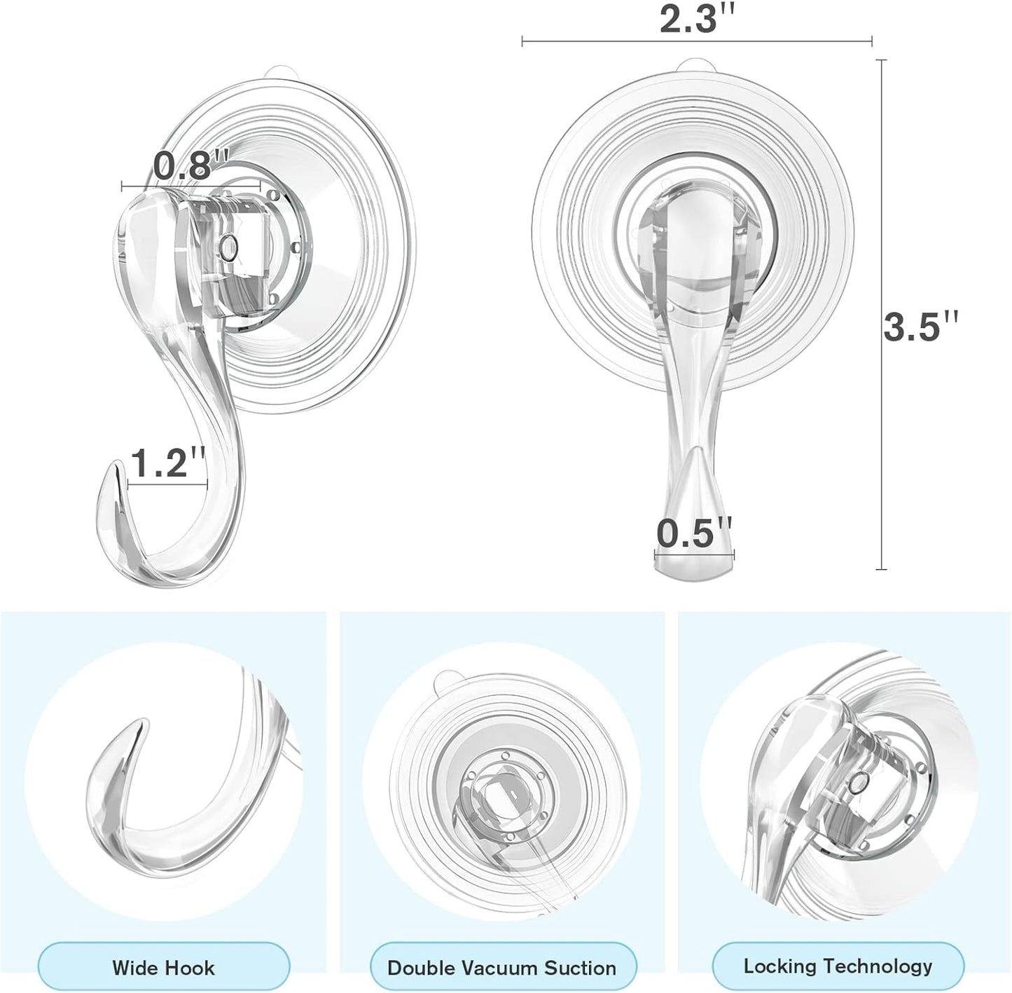 VIS'V Suction Cup Hooks - Heavy Duty, Removable & Reusable Shower Hooks | Clear, 4 Pack