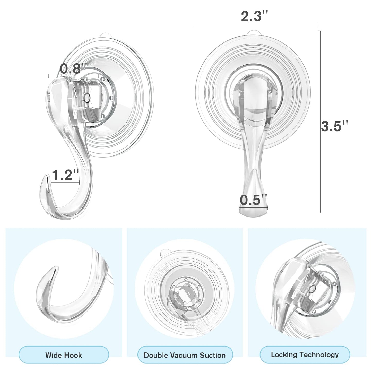 VIS'V Suction Cup Hooks, Small Shower Suction Hooks with Wipes, Heavy Duty, Removable and Reusable, Clear, 4 Pcs