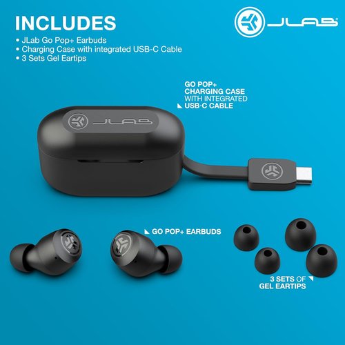 JLab Go Air Pop+ True Wireless Earbuds - 35H Playtime, Bluetooth, USB-C Charging Case, Black