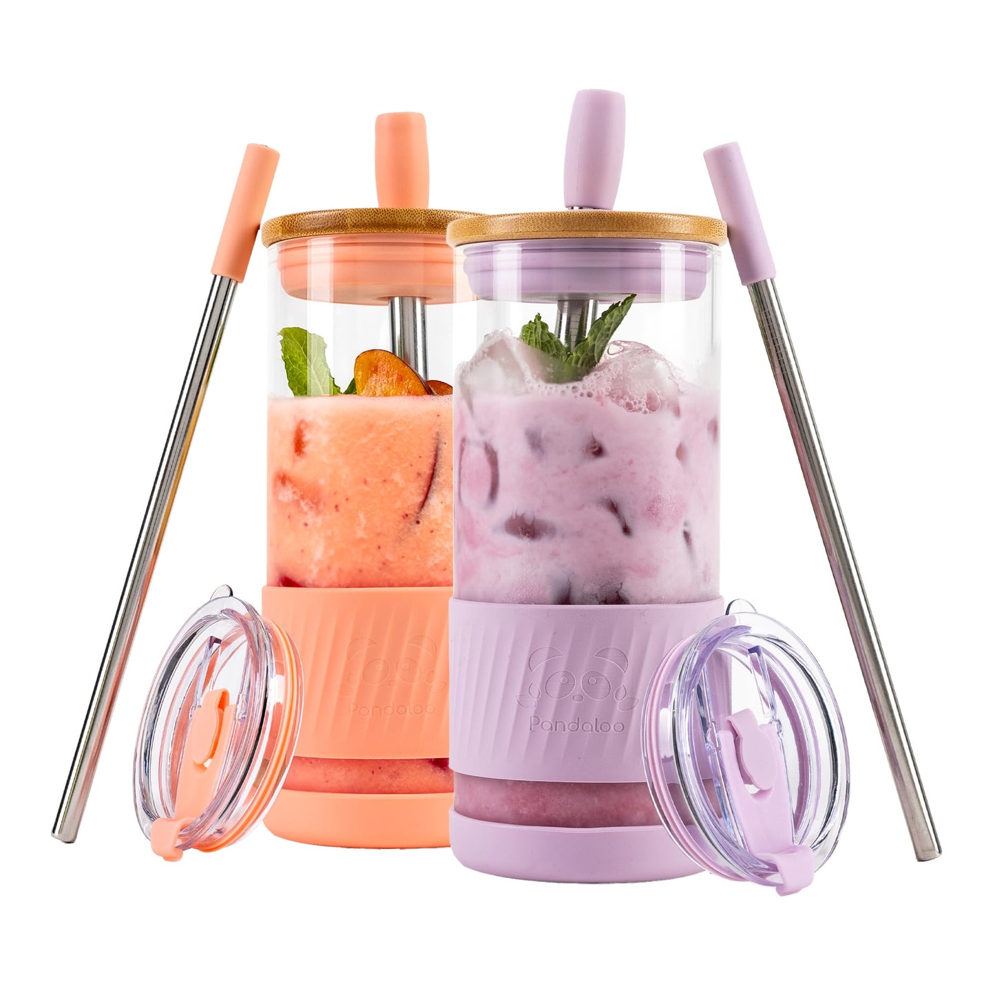 Pandaloo® Glass Cups With Lids and Straws -20 Fl Oz- Perfect Size Iced Coffee Cup - Smoothie Cup With Bamboo Lid and On the go Lid - Glass Tumbler (2 Count (Pack of 1), Peach Fuzz-Lilac Rhapsody)
