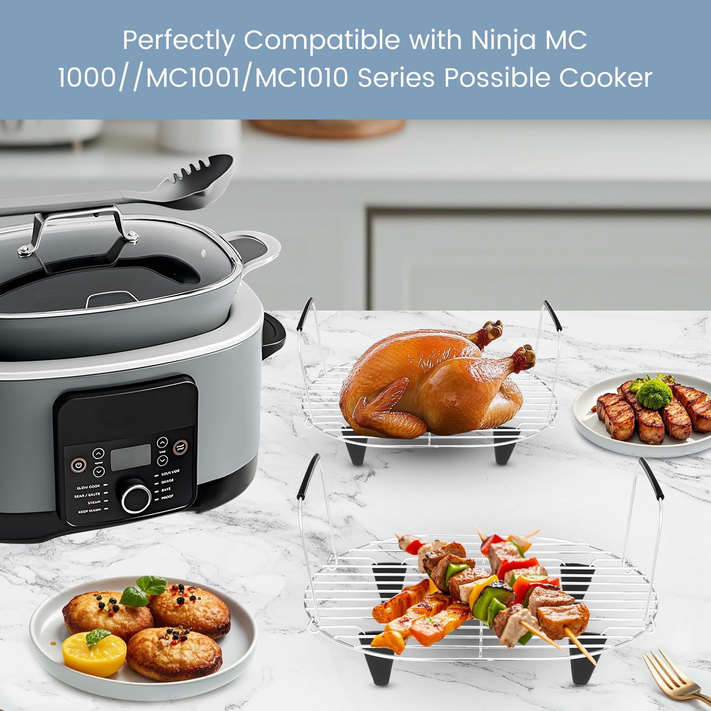 Fondpen Roast and Steamer Rack Compatible with Ninja Foodi Possible Cooker Pro 8.5 Quart MC1000, MC1001, MC1010 Slow Cooker Crock, Stainless Steel Crock Pot Accessories with Silicone Protected Feet Handles