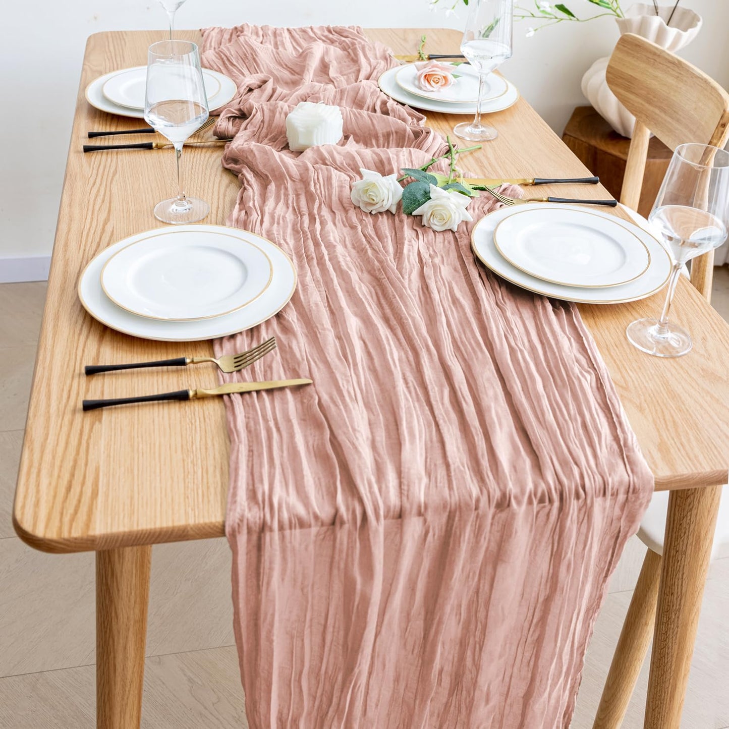 Wokceer Dusty Pink Cheesecloth Table Runner Spring 10FT Boho Gauze Easter Cheese Cloth Table Runner for Party 120 Inches Long Rustic Sheer Runners for Baby Bridal Shower Decor