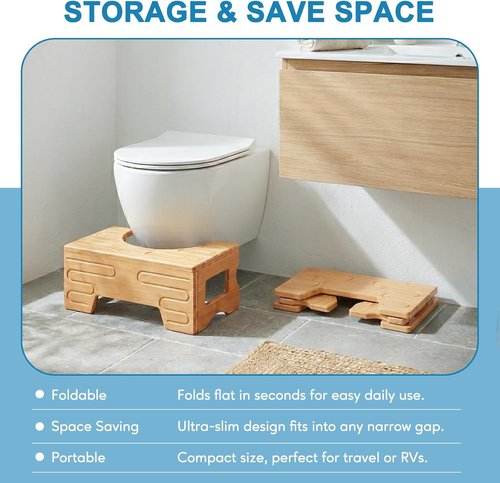 Bamboo Toilet Stool by Foldable | Adjustable 7" & 9" Heights - Non-Slip Design for Kids & Adults