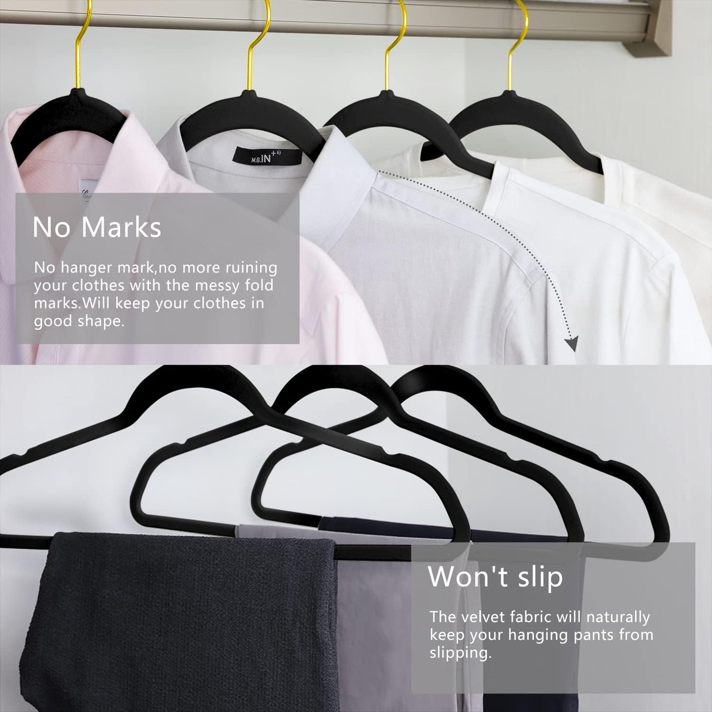 MIZGI Premium Velvet Hangers - Heavy-Duty Non-Slip Slimline Design | 30 Pack in Black with Gold Hooks