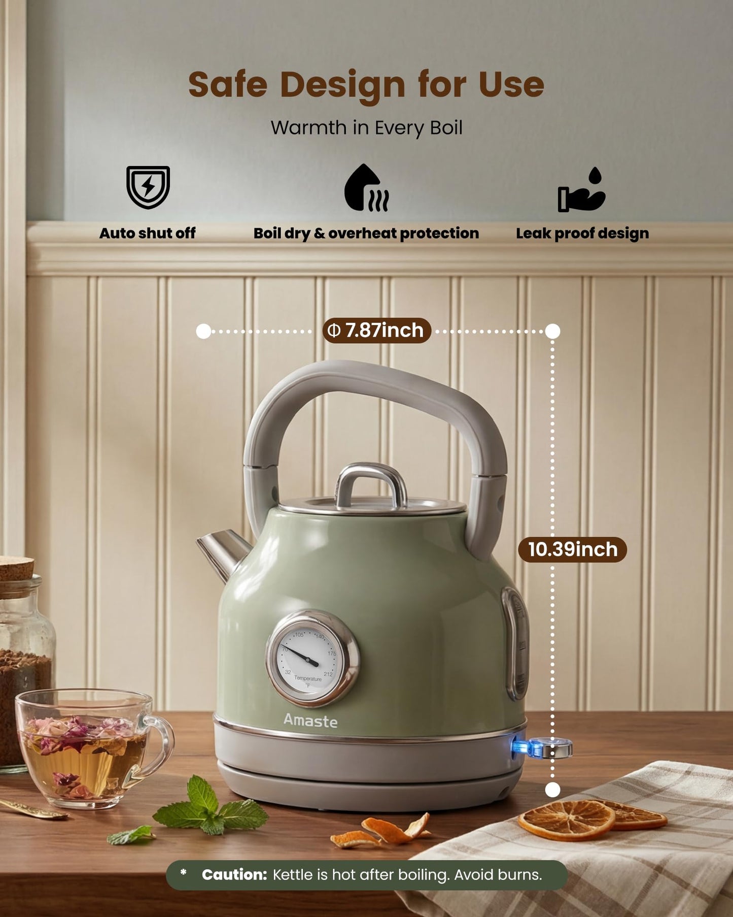 Amaste Electric Kettle, Retro Electric Tea Kettle with Thermometer, 57 Oz Hot Water Kettle for Coffee & Tea, 304 Stainless Steel, 1500W Fast Boiling, Auto Shut-Off & Boil Dry Protection, Matcha Green