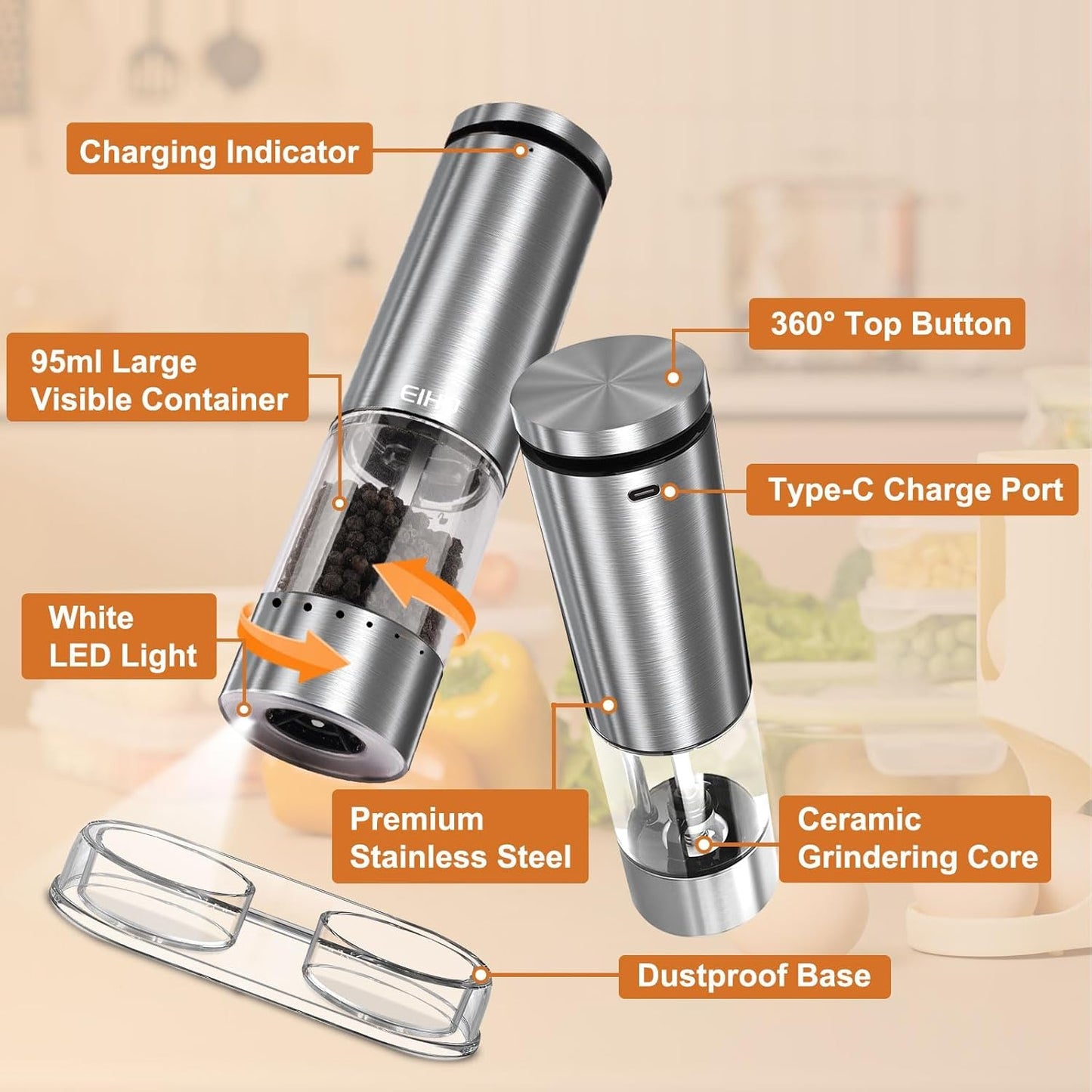 Skiennix Electric Salt and Pepper Grinder Set - Rechargeable Automatic Mills with Adjustable Coarseness | Perfect Kitchen Gadgets for Holiday Gifts