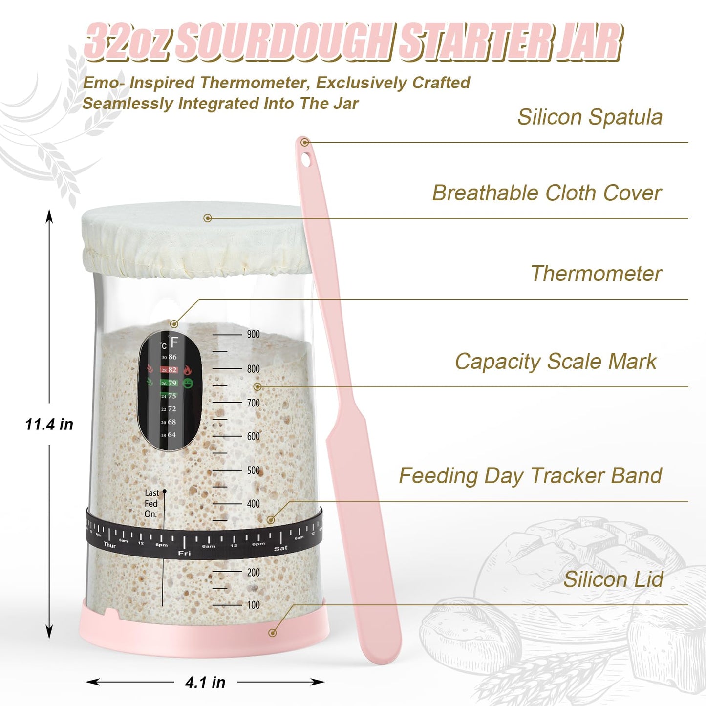 CINNIE&JHIN Pink Sourdough Starter Kit, Complete Baking Tools Set with Proofing Baskets, Pink Design Gifts for Women Bakers - Bread Making Supplies with Jar, Lame, Scraper, Bag & More