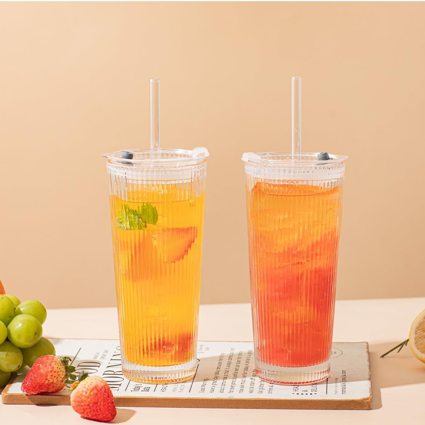 SoulTimes 16oz Ribbed Glass Tumbler with Lid and Glass Straw – Set of 4 Glass Cups with Lids and Straws for Coffee, Smoothies, Cocktails and More, Reusable Iced Coffee Cups for Daily Use and Travel