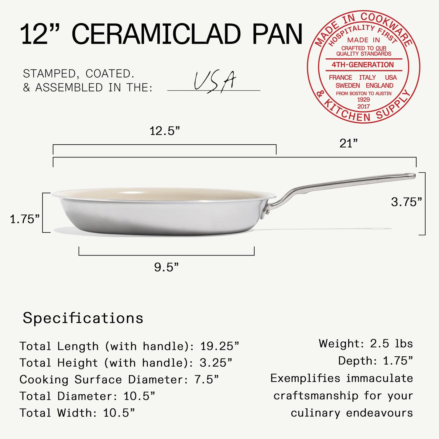 Made In Cookware | 12" Ceramic Non Stick Frying Pan (Stainless Handle) | 5-Ply Stainless Clad with Stay-Cool Handle | Crafted in USA | Professional Cookware
