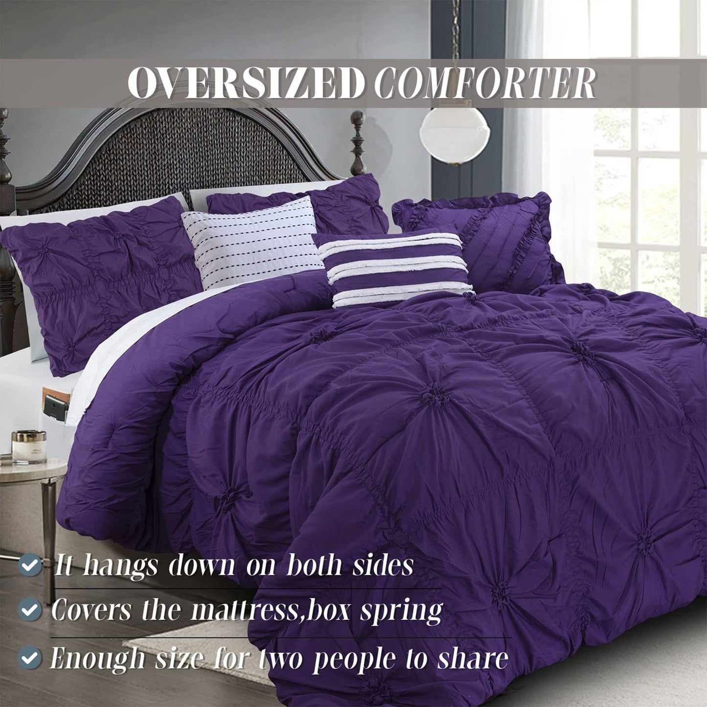Elegant Comfort Amy 12-Piece Oversized Comforter, Bed-in-a-Bag Including 6-Piece Sheet Set Featuring Smart Pockets and Matching Decorative Pillows, Amy 12PC Oversized Comforter, Cali King, Purple