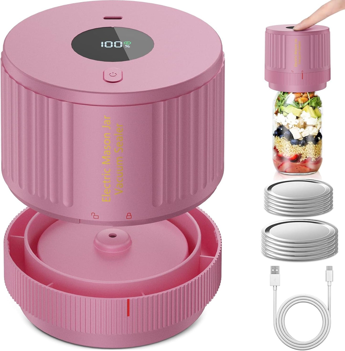 LOVE MOMENT Electric Mason Jar Vacuum Sealer Kit - Ideal for Wide & Regular Mouth Jars - Pink