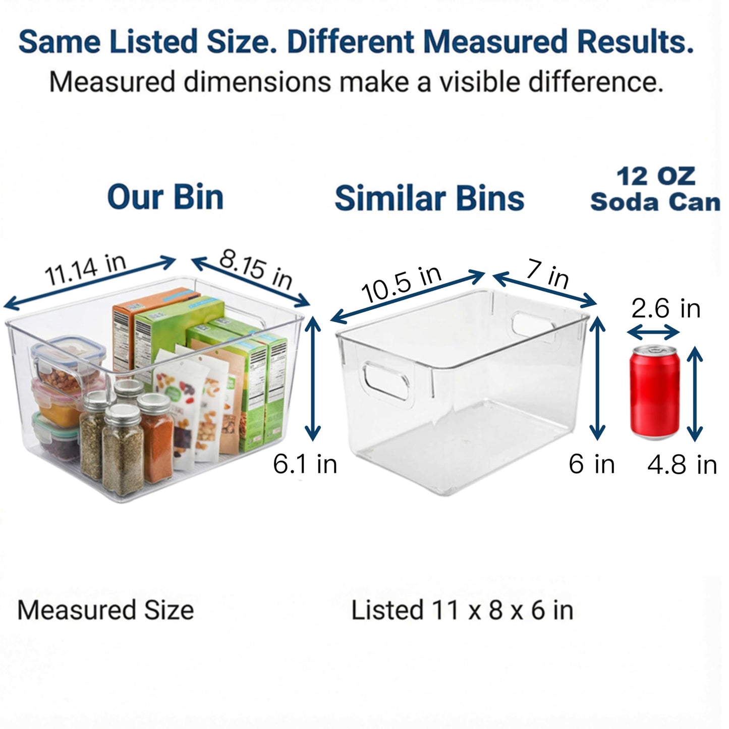 MOONEDGE Open Clear Plastic Storage Bins Stackable Organizer Containers with Handles for Kitchen, Pantry, Fridge, Cabinet, Closet Storage & Home Organization 6 Pack（11 x 8 x 6 in）