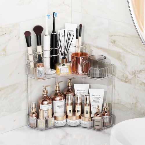Asayuee 2-Tier Corner Bathroom Organizer - Large Clear Makeup & Skincare Holder with Toothbrush Slots