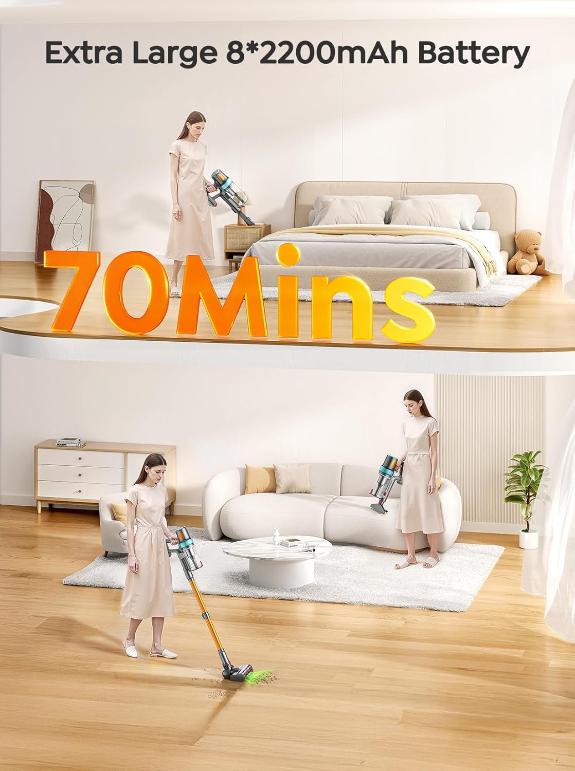 Skiennix Cordless Vacuum Cleaner - 650W, 55KPA Suction Power, 70 Mins Runtime, LED Touch Screen, Wall Charging Station