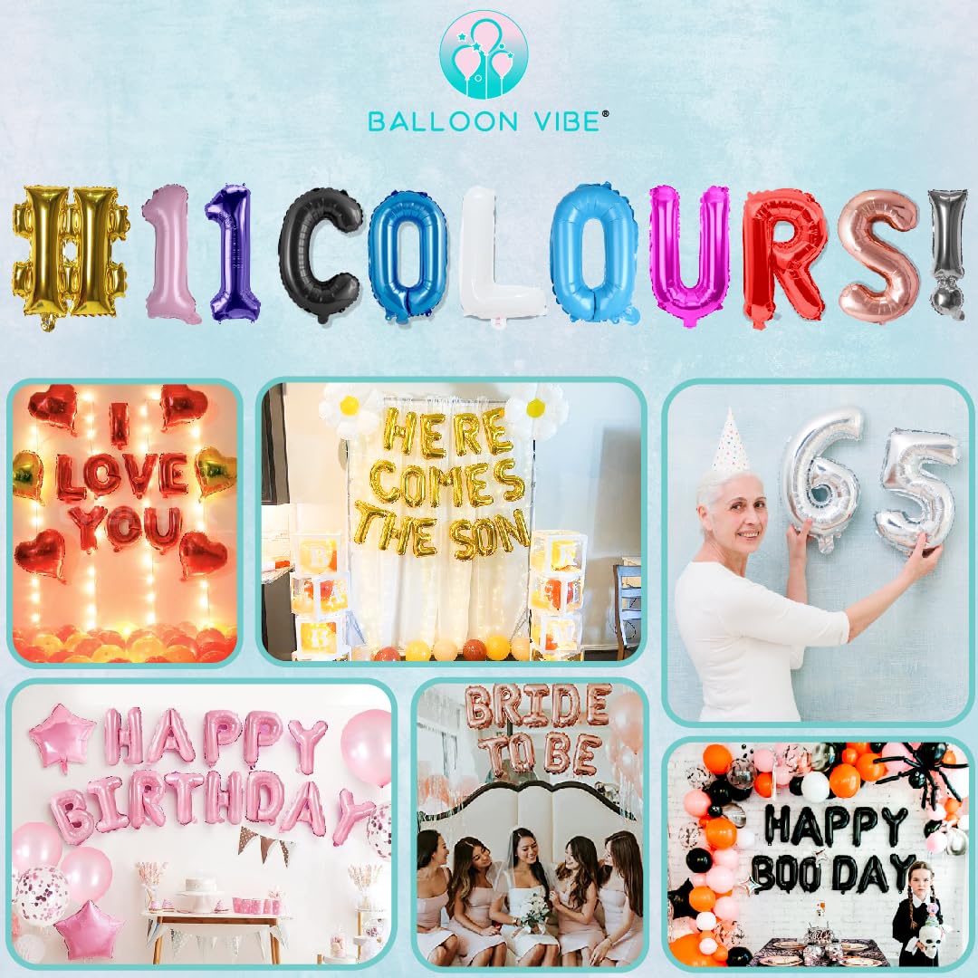BALLOON VIBE Letter Balloons 16 Inch - Custom Phrase Alphabets & Numbers Foil Mylar Balloons with Straws, Ribbon and Adhesive Dots - Create Your Own Banner for Birthday, Baby Shower - 11 Colors