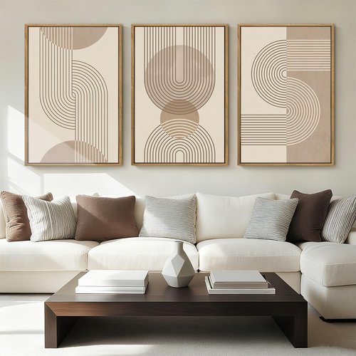 Anyzal Large Abstract Wall Art - Framed Boho Geometric Line Artwork | Minimalist Beige Painting Set of 3 (24''x36'') for Home & Office
