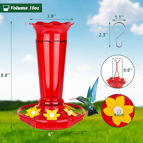 Gbekery 10 OZ Glass Hummingbird Feeders - Ant & Bee Proof, 6 Feeding Ports | Red 2 Pack Garden Décor Gifts