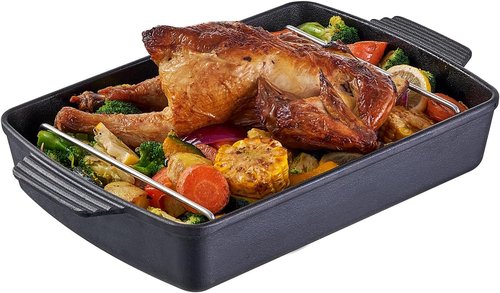 Cast Iron Roasting Pan - Heavy Duty Turkey Roaster with Rack | 9 x 12.6 Inch, Induction Compatible