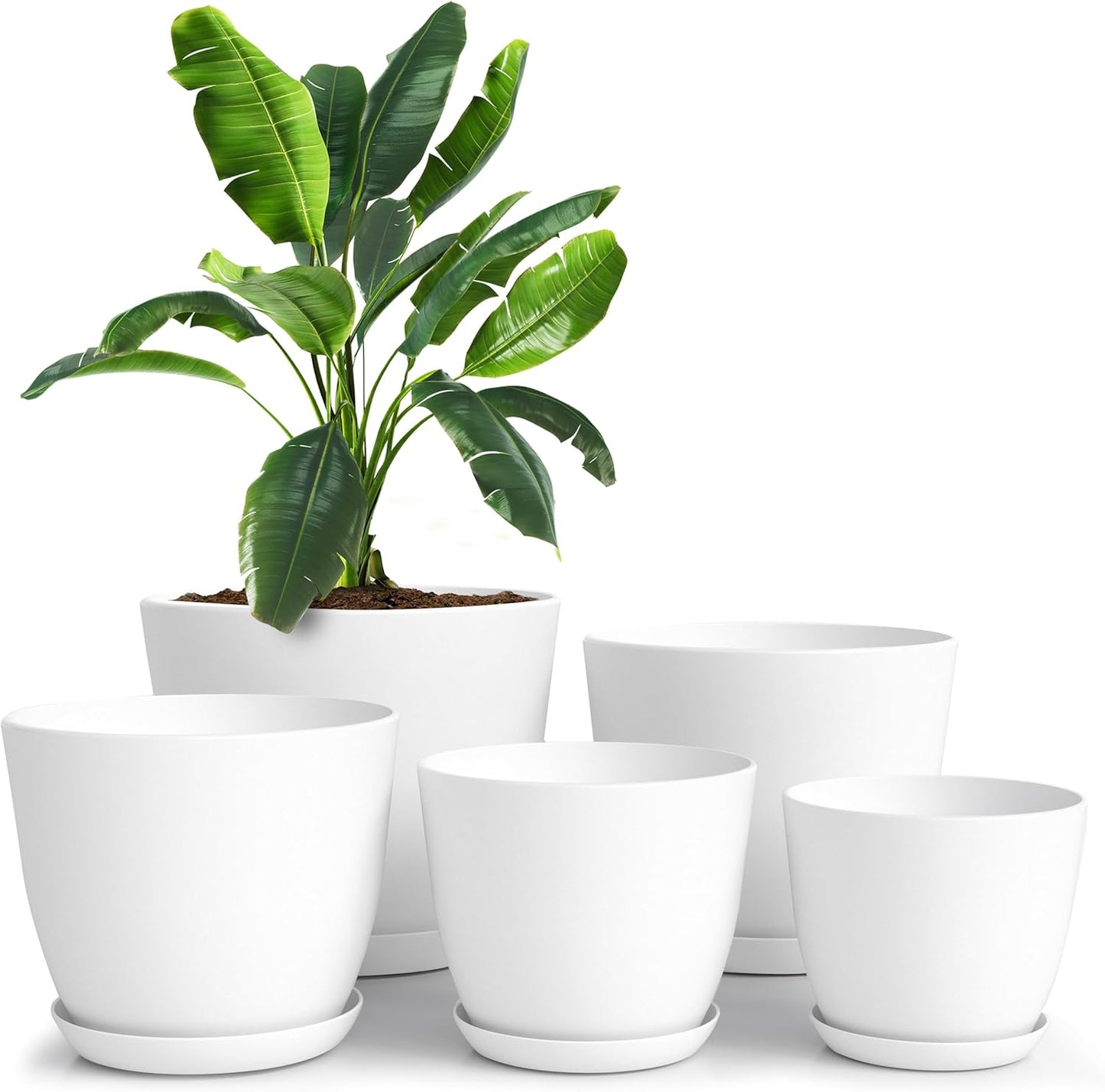 Utopia Home Indoor Plant Pots - Set of 5 White Plastic Planters with Drainage Holes | Modern Décor (4.8-7 Inch)