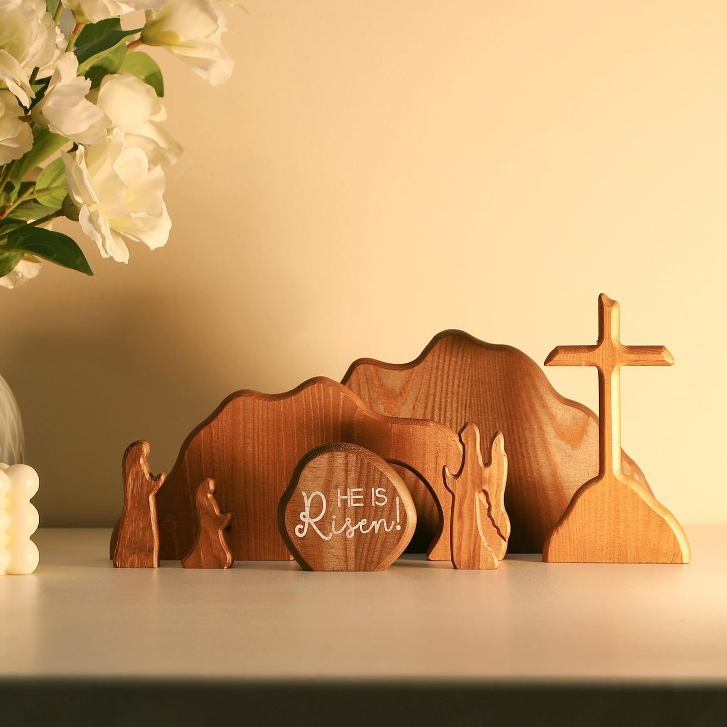zonhajia The Empty Tomb Easter Scene, Christian Cross Decorations, Wooden Nativity Set, Decorations Religious Jesus Tomb Easter Kit Display for Home, Tabletop, Office, Gift