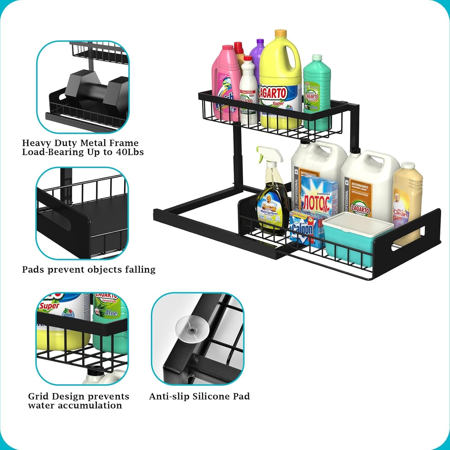 REALINN Under Sink Organizer - 2-Tier Pull-Out Cabinet Storage Shelf | Black, Easy Access Design