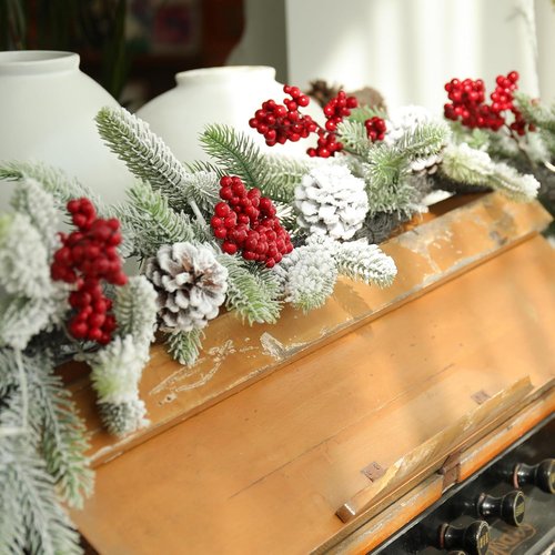 Bdor 6FT Pre-Lit Christmas Garland - Snow Flocked Pine with Red Berries & Pinecones | Battery Operated Holiday Decor